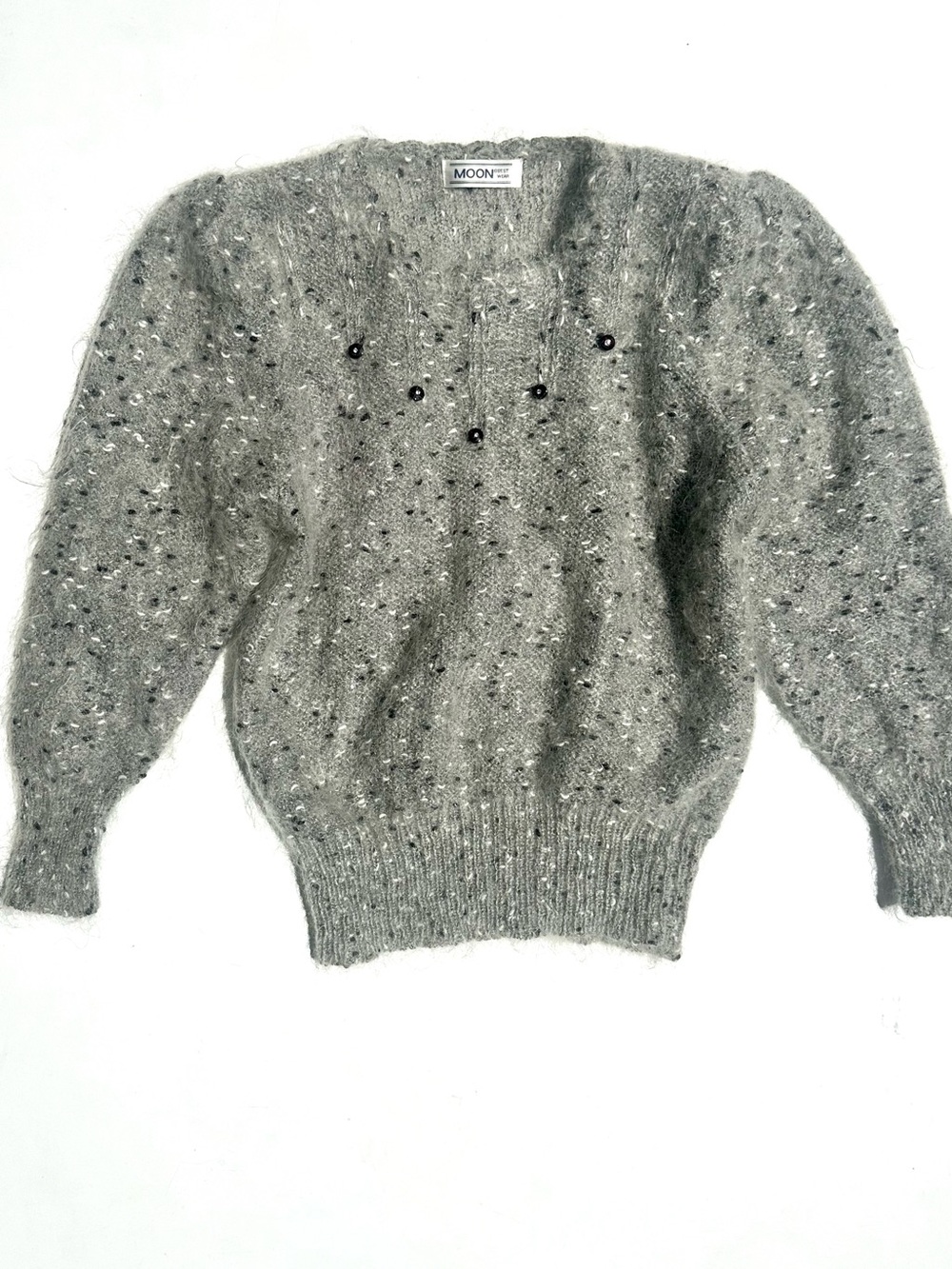 Vintage Mohair Blend Puff Sleeves Embellished Women's Grey Short Sweater, S